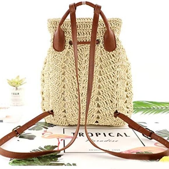 Women Straw Woven Backpack Medium Capacity Flap Drawstring Shoulder Bag - Picture 2 of 6